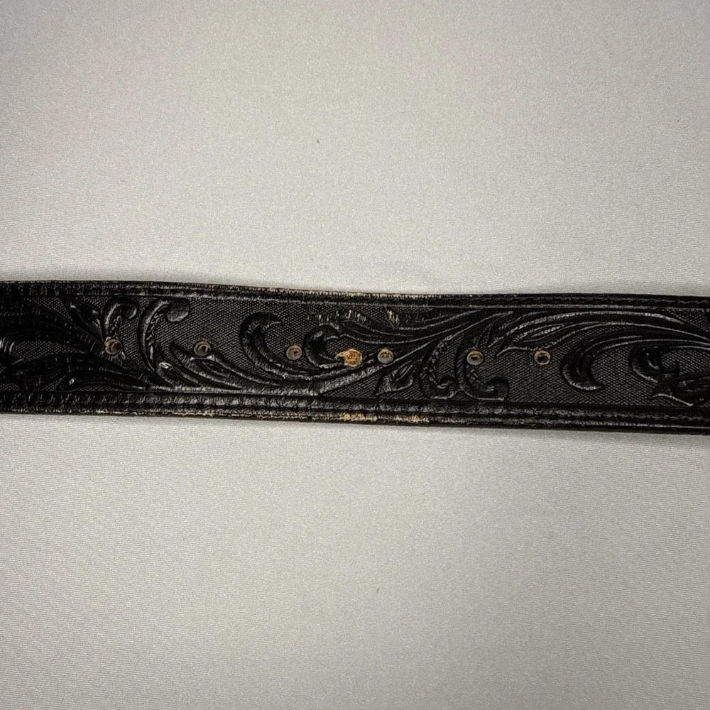 Tony Lama Westerly Ride Black Tooled Leather Belt Size 34 Bronco Rider C41513